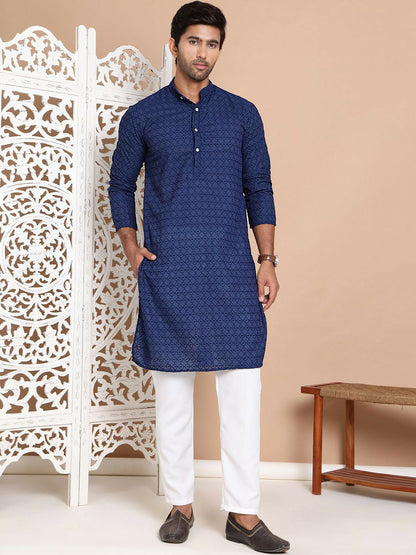 Men’s Navy Blue Embroidered Kurta with Pyjamas