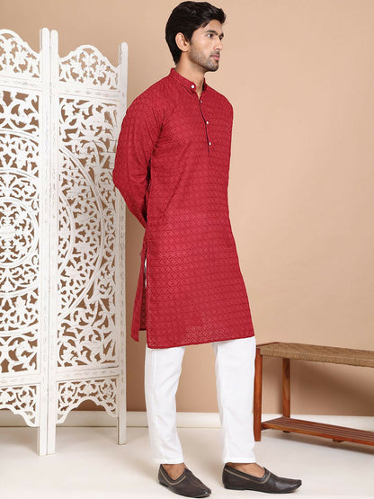 Men’s Maroon Embroidered Kurta with Pyjamas