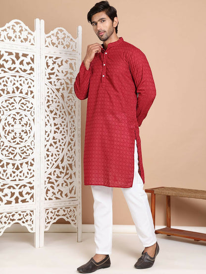 Men’s Maroon Embroidered Kurta with Pyjamas