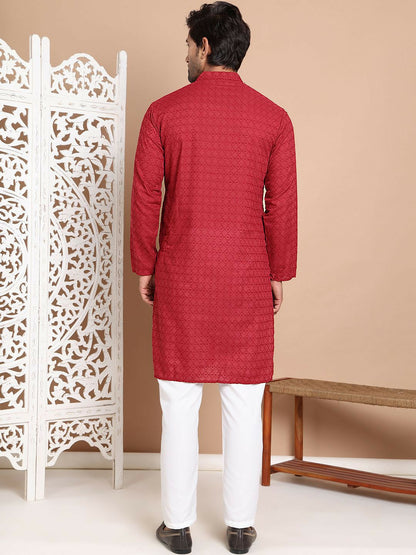 Men’s Maroon Embroidered Kurta with Pyjamas