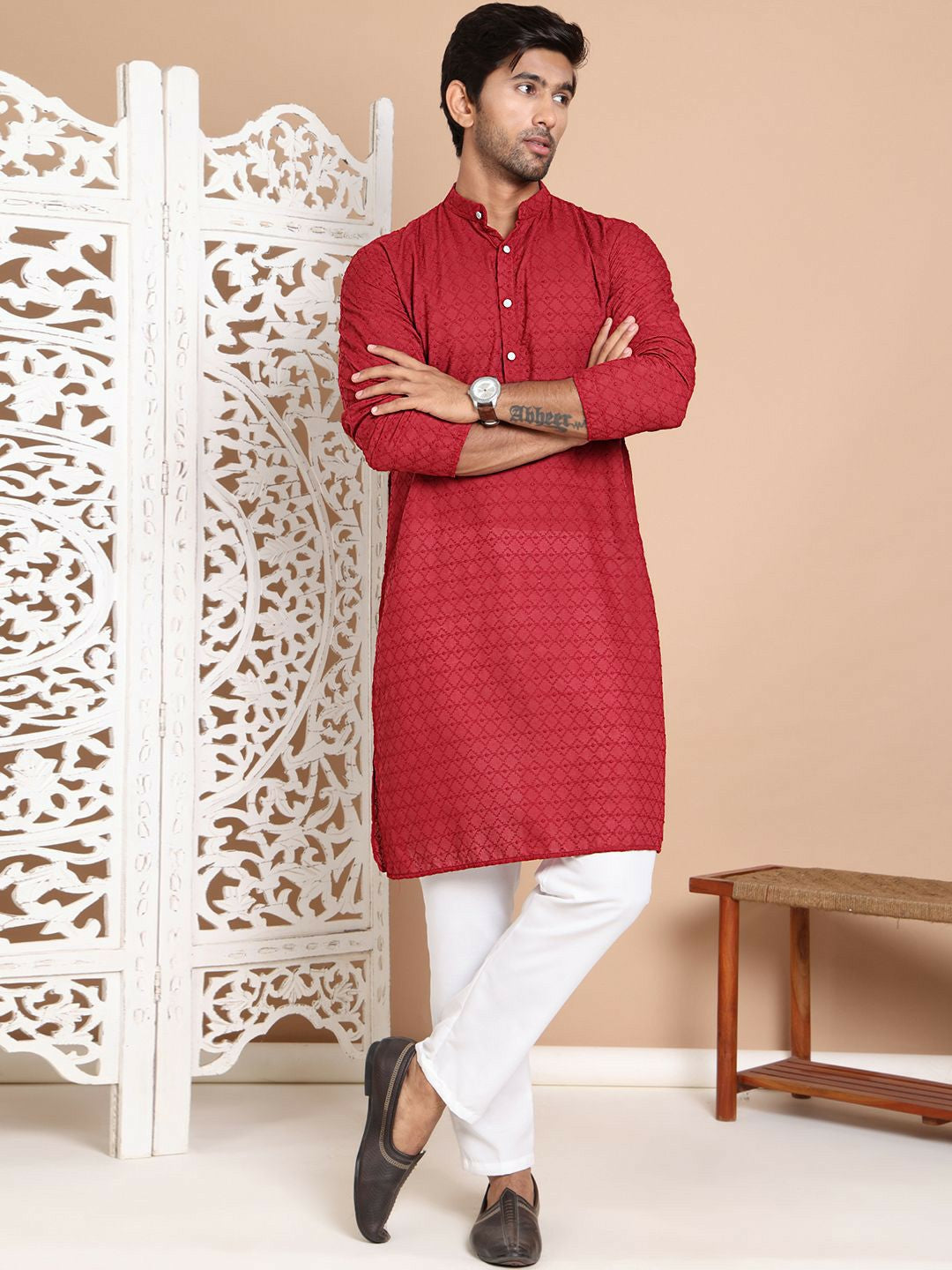 Men’s Maroon Embroidered Kurta with Pyjamas
