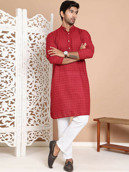 Men’s Maroon Embroidered Kurta with Pyjamas