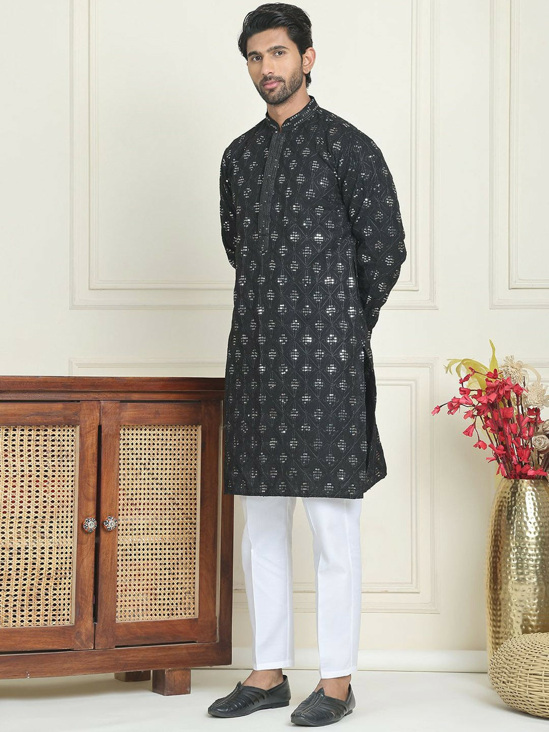 Men’s Black Embroidered Kurta with Pyjamas