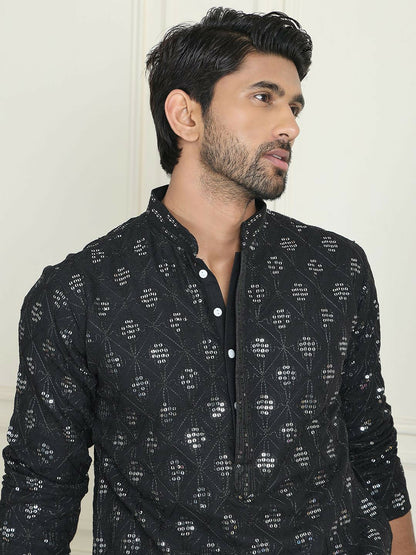 Men’s Black Embroidered Kurta with Pyjamas