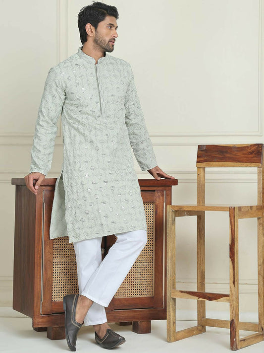 Men’s Pista Green Embroidered Kurta with White Pyjamas