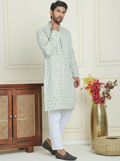 Men’s Pista Green Embroidered Kurta with White Pyjamas