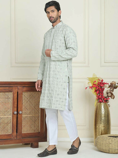 Men’s Pista Green Embroidered Kurta with White Pyjamas