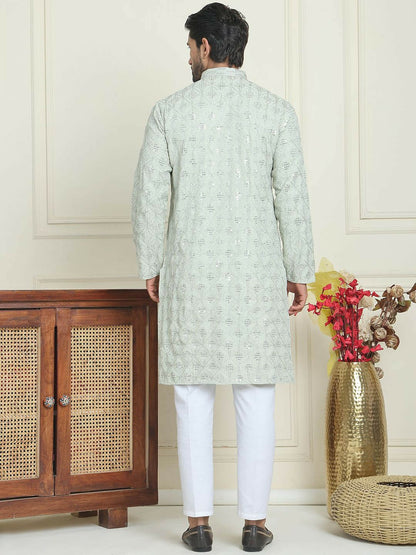 Men’s Pista Green Embroidered Kurta with White Pyjamas