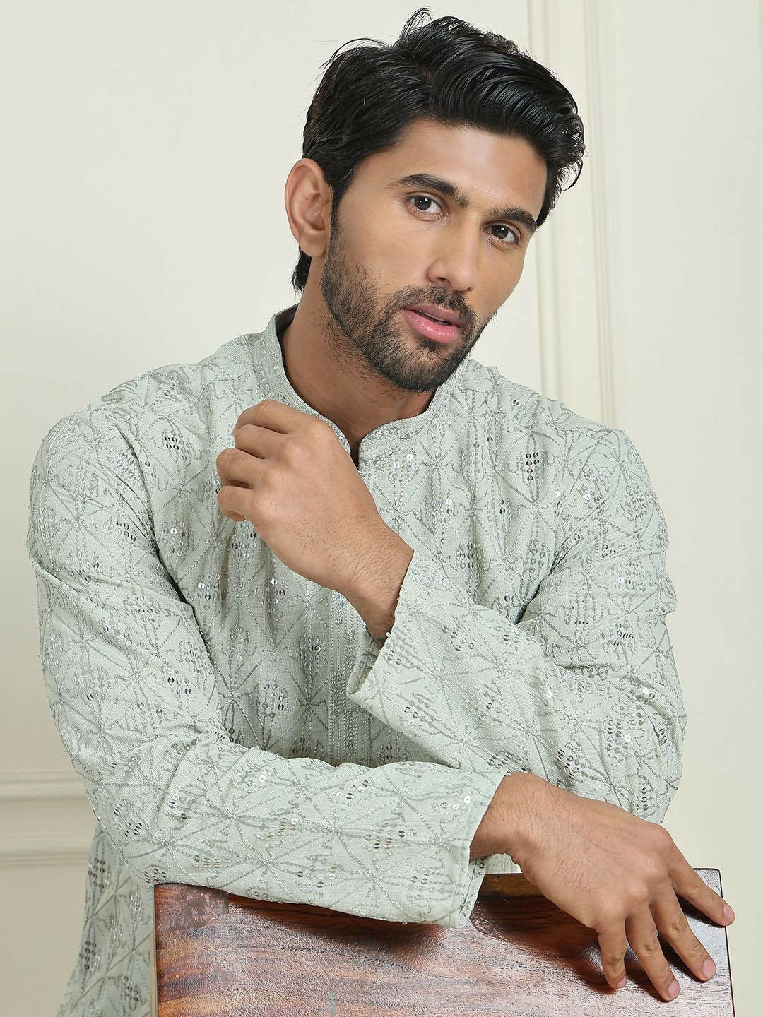 Men’s Pista Green Embroidered Kurta with White Pyjamas