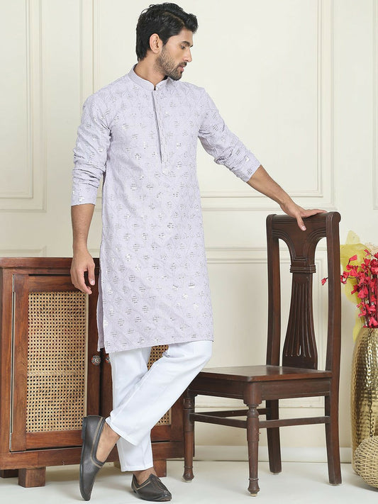 Men’s Purple Embroidered Kurta with White Trousers