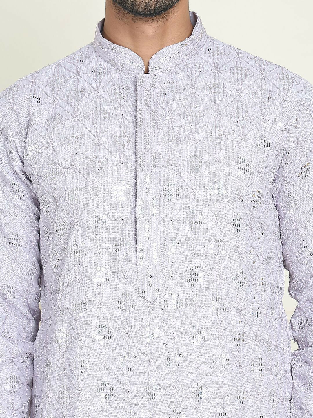 Men’s Purple Embroidered Kurta with White Trousers