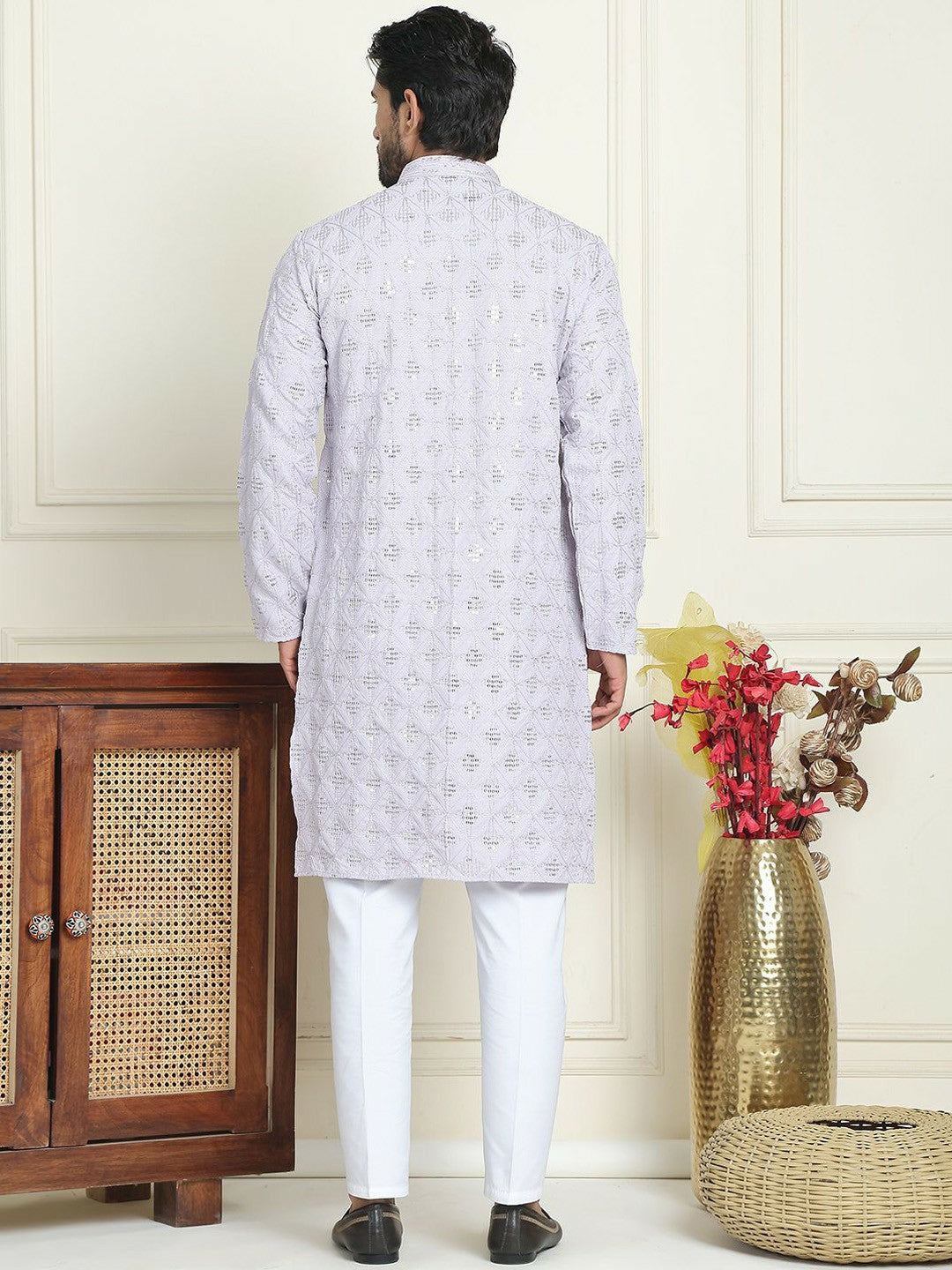 Men’s Purple Embroidered Kurta with White Trousers