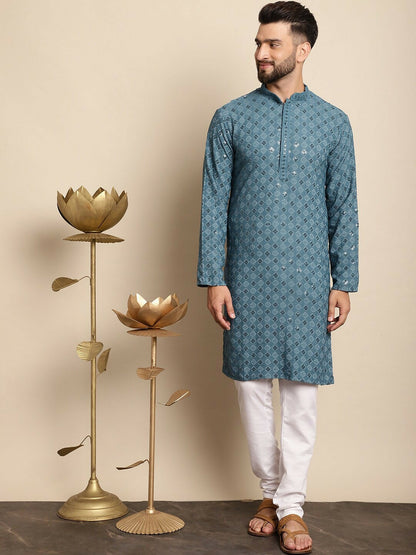 Men’s Blue Embroidered Kurta with Churidar – Thread Work Elegance