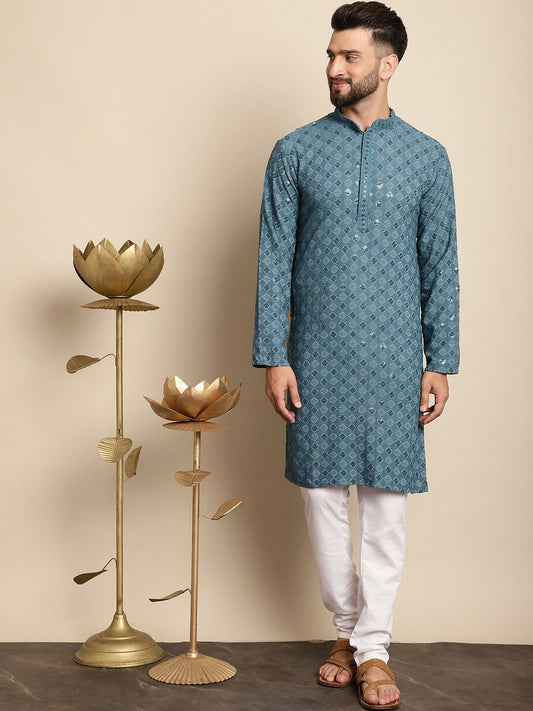 Men’s Blue Embroidered Kurta with Churidar – Thread Work Elegance
