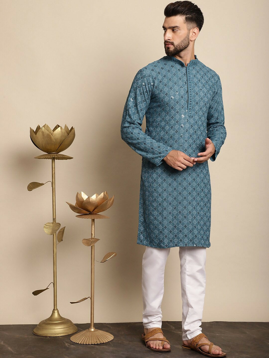 Men’s Blue Embroidered Kurta with Churidar – Thread Work Elegance