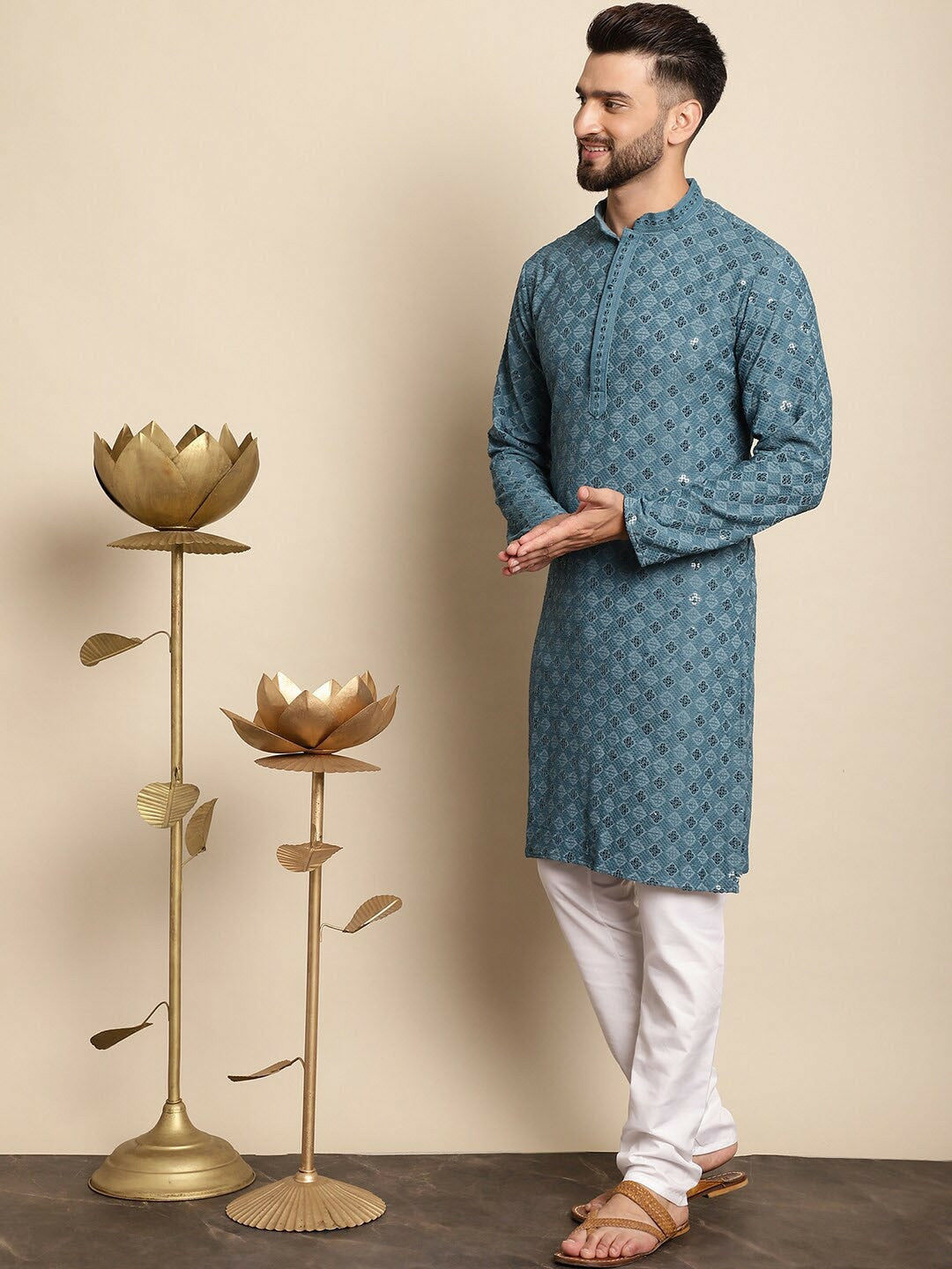 Men’s Blue Embroidered Kurta with Churidar – Thread Work Elegance