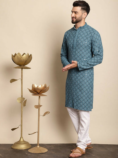 Men’s Blue Embroidered Kurta with Churidar – Thread Work Elegance
