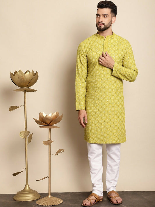 Men’s Green Embroidered Kurta with Churidar – Festive Classic