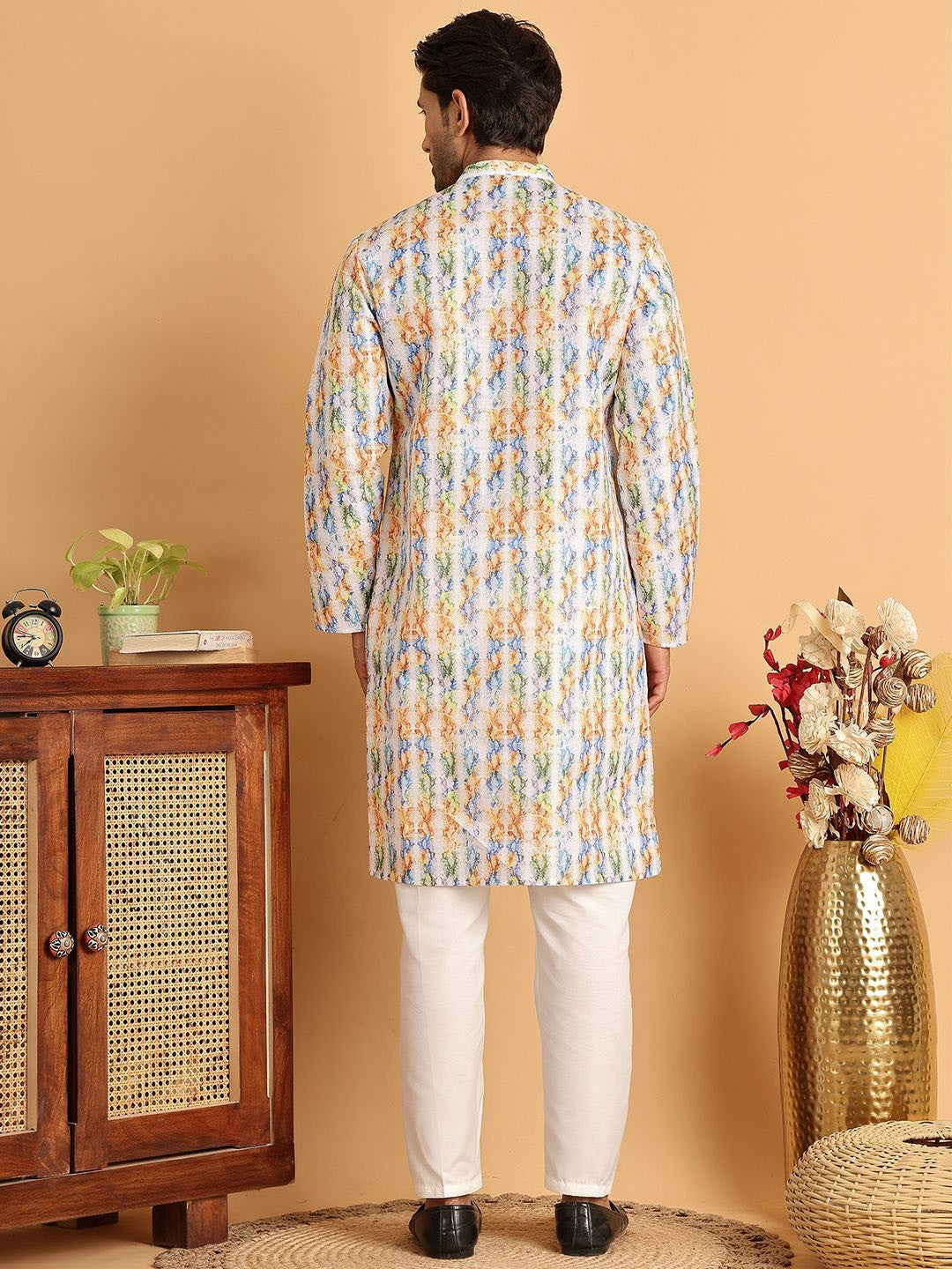 Men's White Floral Printed Kurta Set with Pyjamas – Indiaista