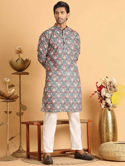 Men's Blue Floral Printed Cotton Blend Kurta Set with Pyjamas