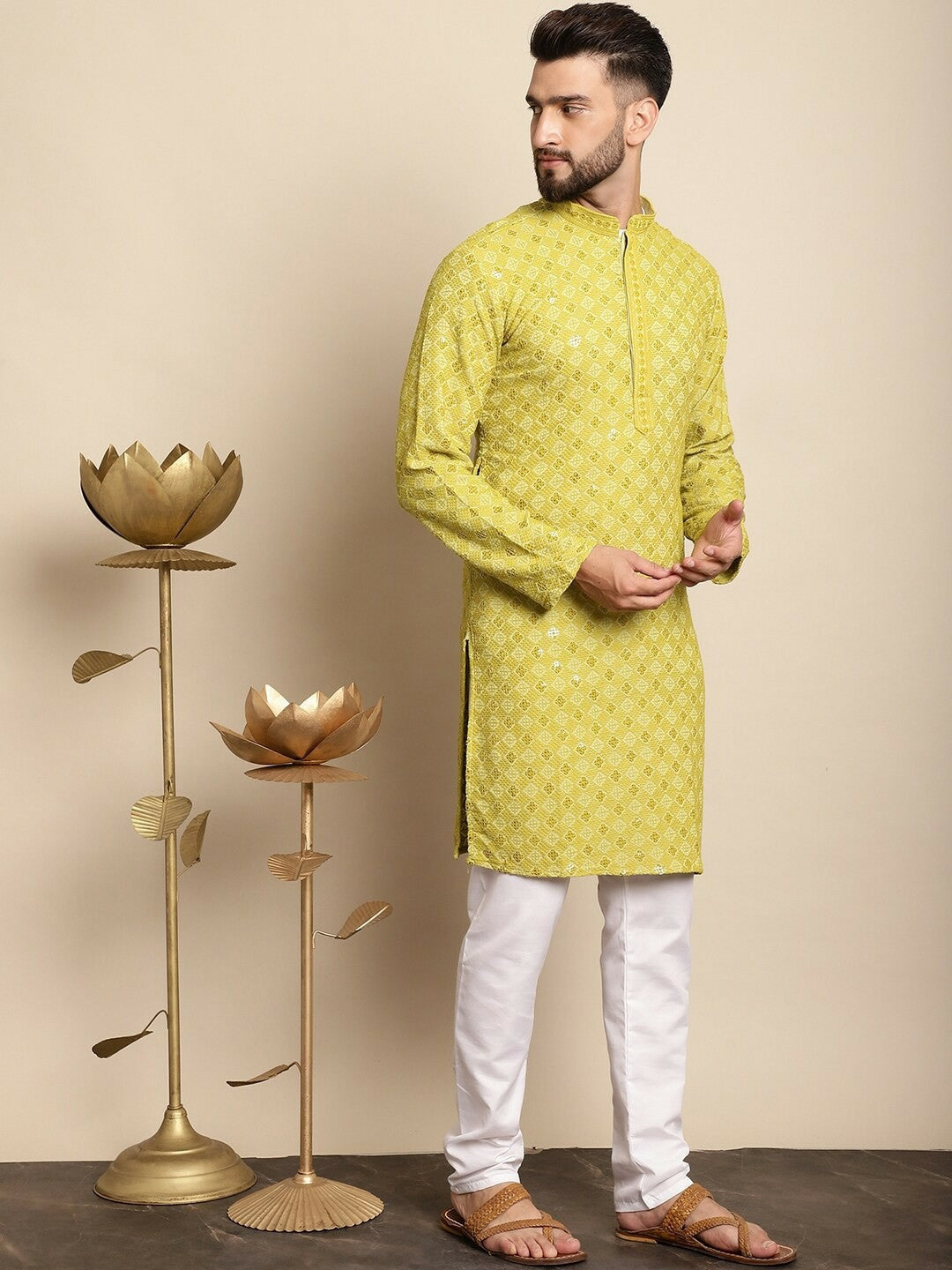 Men’s Green Embroidered Kurta with Churidar – Festive Classic