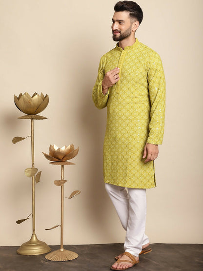 Men’s Green Embroidered Kurta with Churidar – Festive Classic