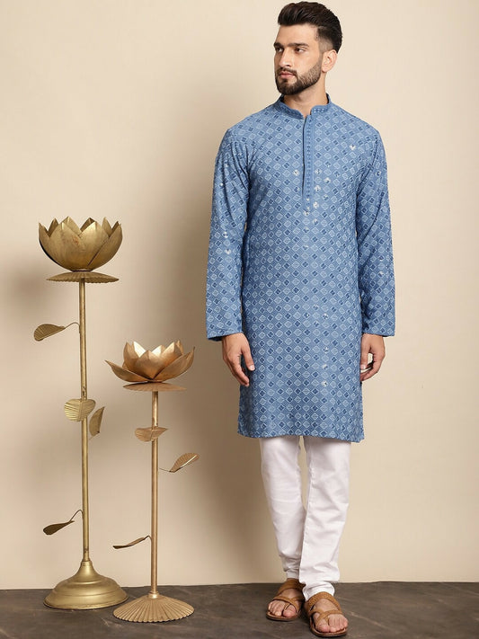 Men’s Blue Embroidered Kurta with White Churidar – Refined Ethnic Style