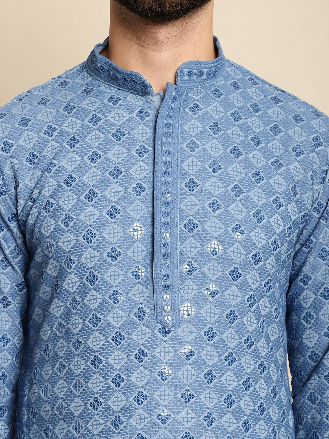 Men’s Blue Embroidered Kurta with White Churidar – Refined Ethnic Style