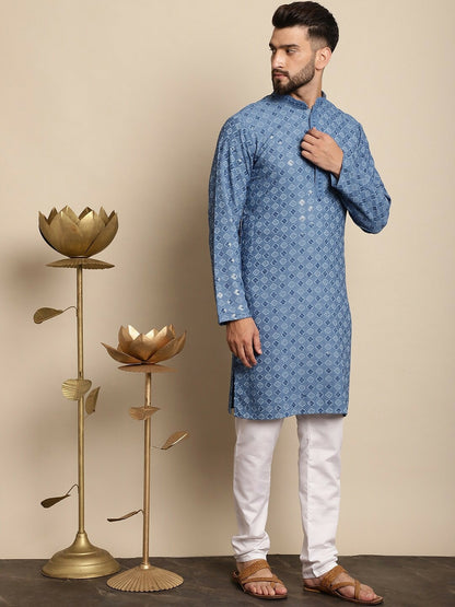 Men’s Blue Embroidered Kurta with White Churidar – Refined Ethnic Style