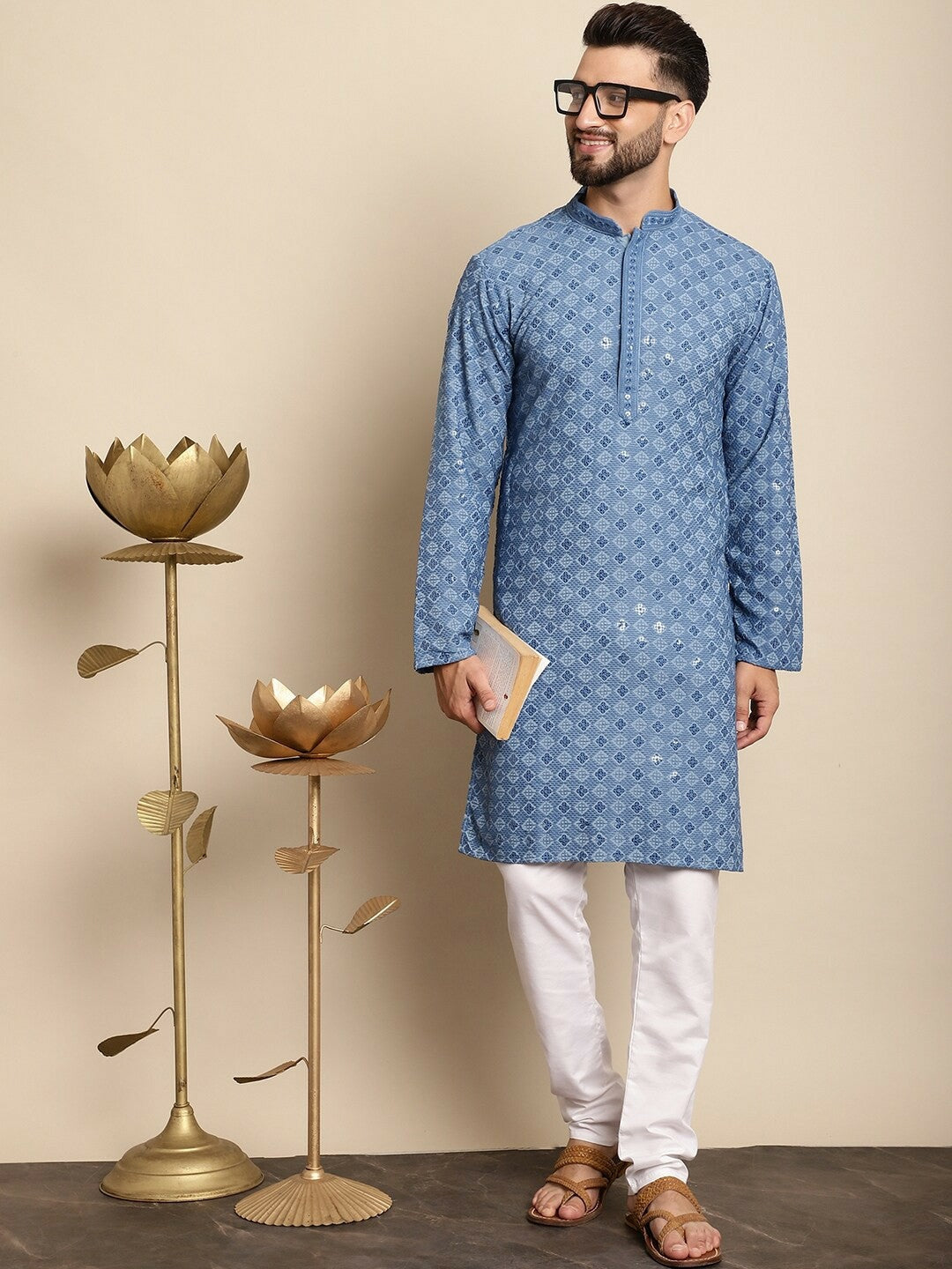 Men’s Blue Embroidered Kurta with White Churidar – Refined Ethnic Style