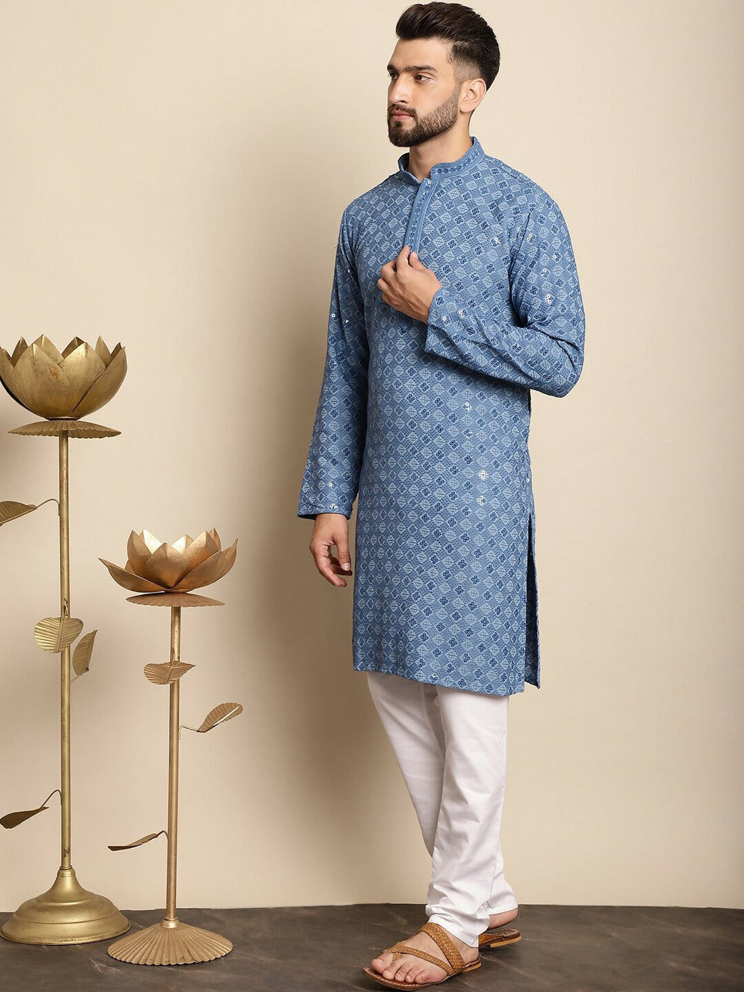 Men’s Blue Embroidered Kurta with White Churidar – Refined Ethnic Style