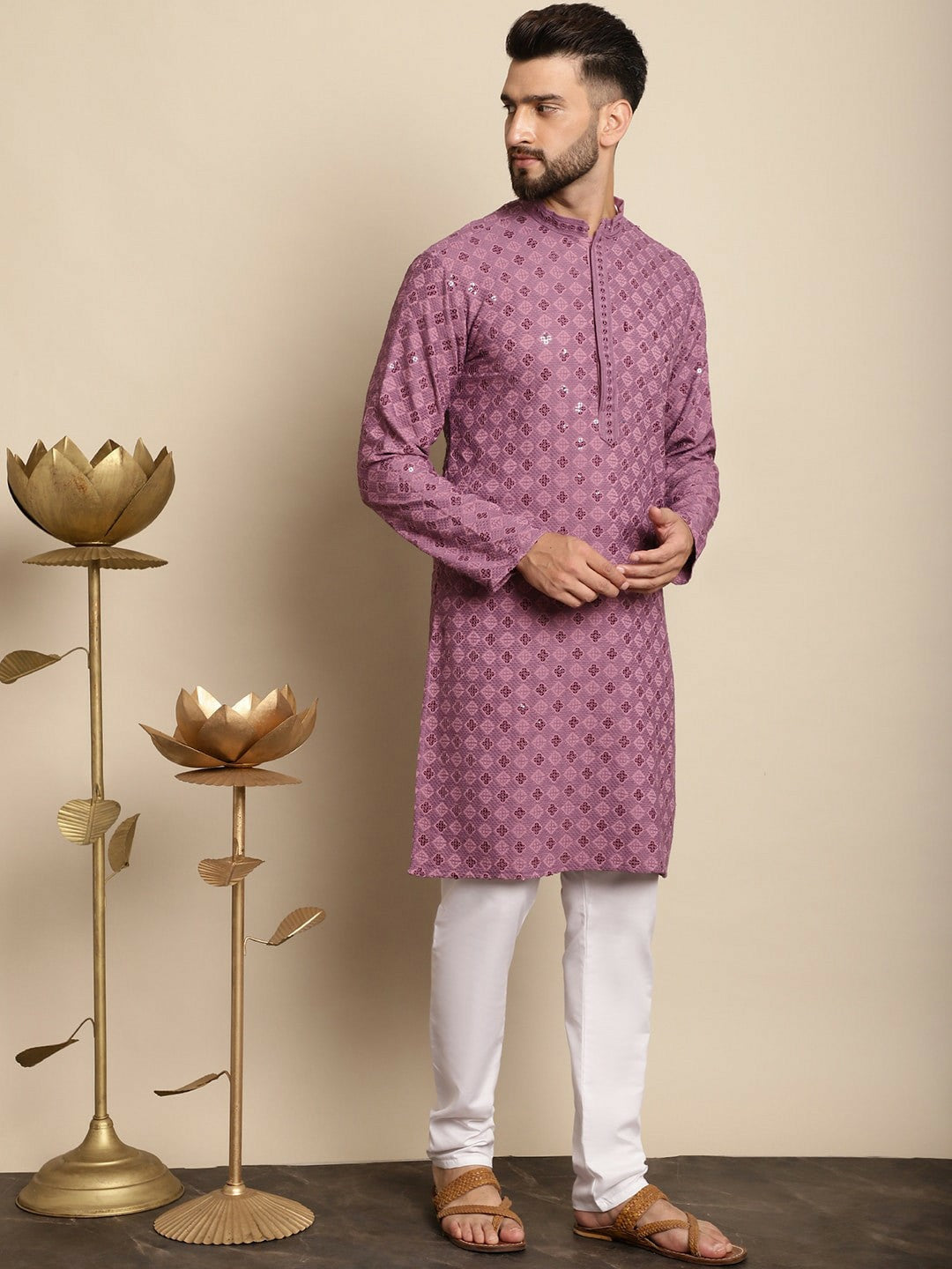 Men’s Purple Embroidered Kurta with Churidar – Timeless Tradition Meets Modern Craft