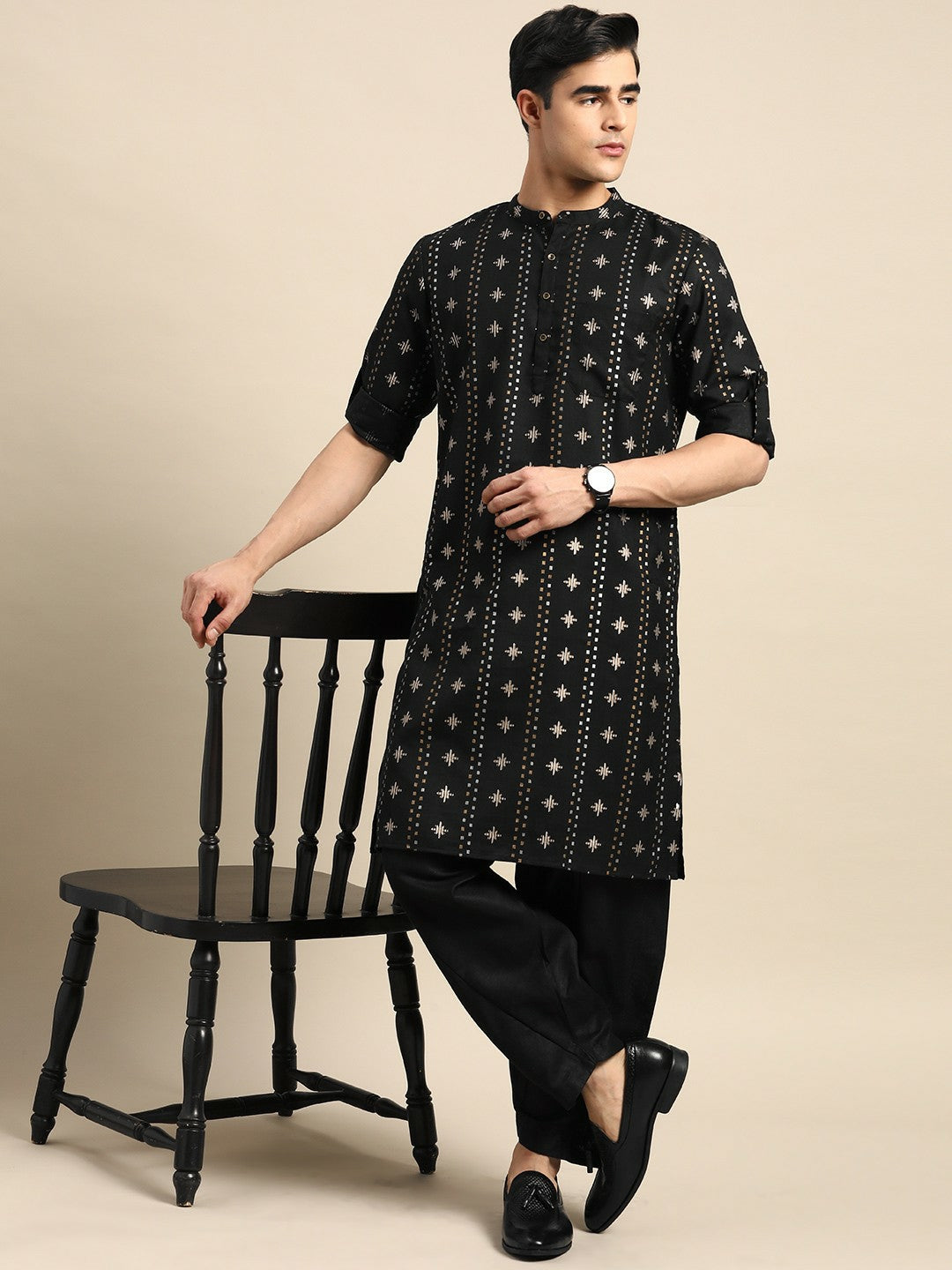 Men’s Black Printed Kurta with Dhoti Pants – Bold, Contemporary Ethnic Charm