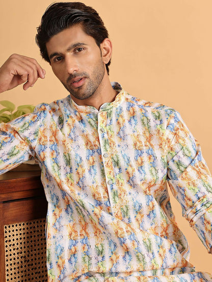 Men's White Floral Printed Kurta Set with Pyjamas – Indiaista