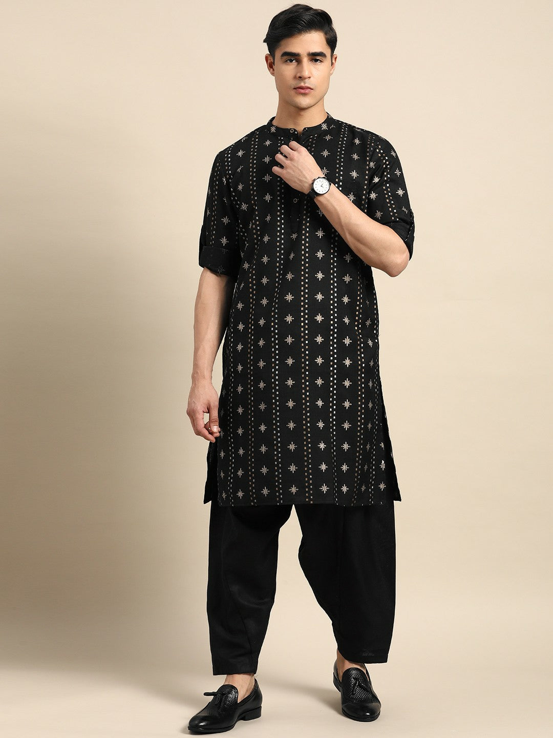 Men’s Black Printed Kurta with Dhoti Pants – Bold, Contemporary Ethnic Charm