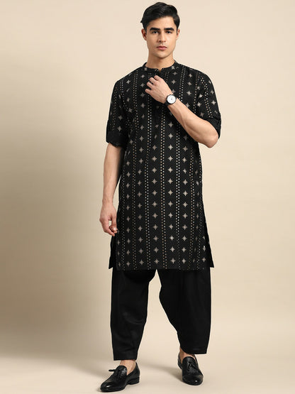 Men’s Black Printed Kurta with Dhoti Pants – Bold, Contemporary Ethnic Charm