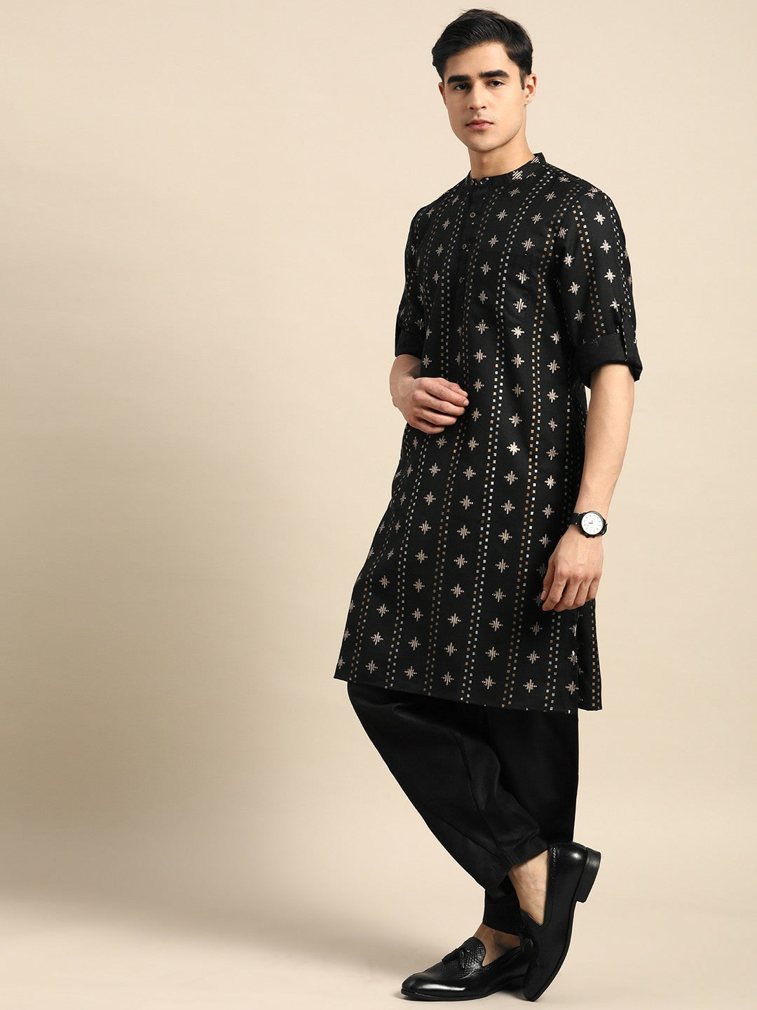 Men’s Black Printed Kurta with Dhoti Pants – Bold, Contemporary Ethnic Charm