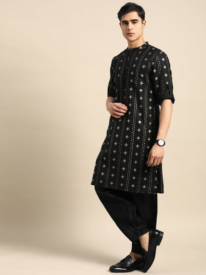 Men’s Black Printed Kurta with Dhoti Pants – Bold, Contemporary Ethnic Charm