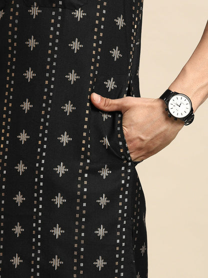 Men’s Black Printed Kurta with Dhoti Pants – Bold, Contemporary Ethnic Charm
