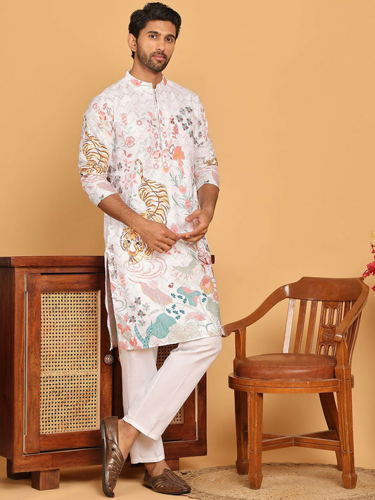 Men’s White, Pink & Orange Floral Kurta with Pyjamas – Vibrant Festive Elegance