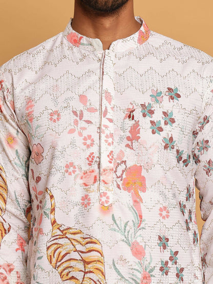 Men’s White, Pink & Orange Floral Kurta with Pyjamas – Vibrant Festive Elegance