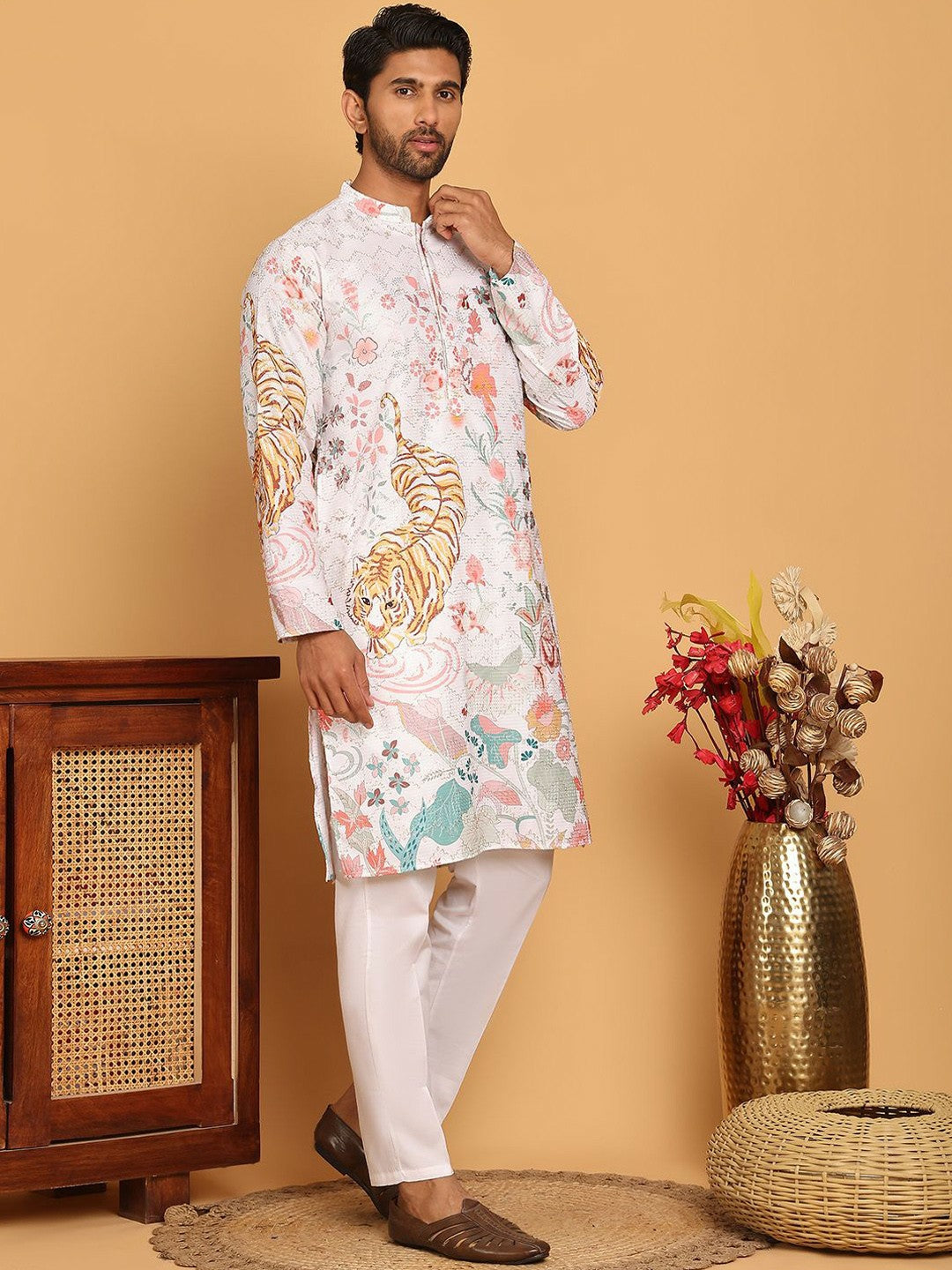 Men’s White, Pink & Orange Floral Kurta with Pyjamas – Vibrant Festive Elegance