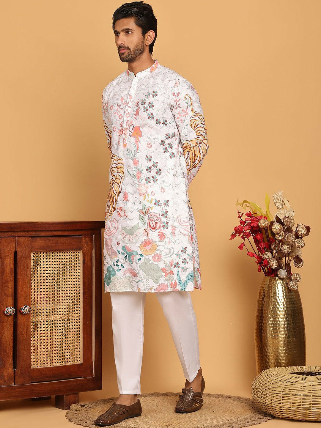 Men’s White, Pink & Orange Floral Kurta with Pyjamas – Vibrant Festive Elegance