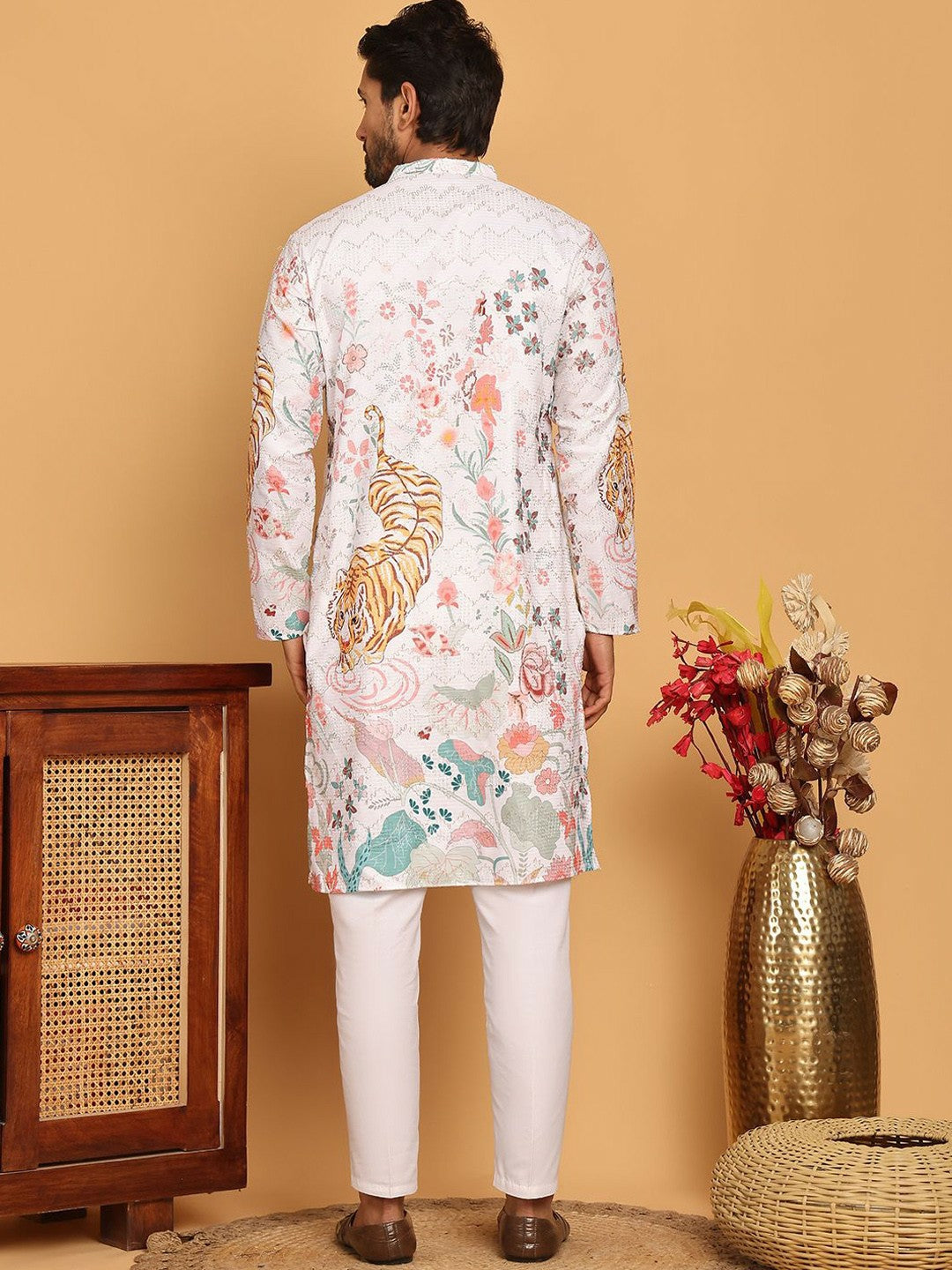 Men’s White, Pink & Orange Floral Kurta with Pyjamas – Vibrant Festive Elegance