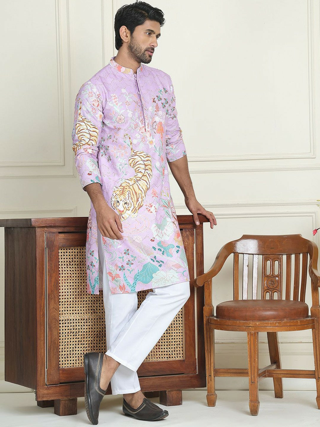 Men’s Purple Floral Kurta with White Trousers – Contemporary Festive Charm