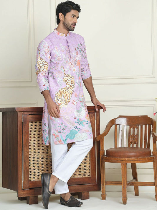 Men’s Purple Floral Kurta with White Trousers – Contemporary Festive Charm