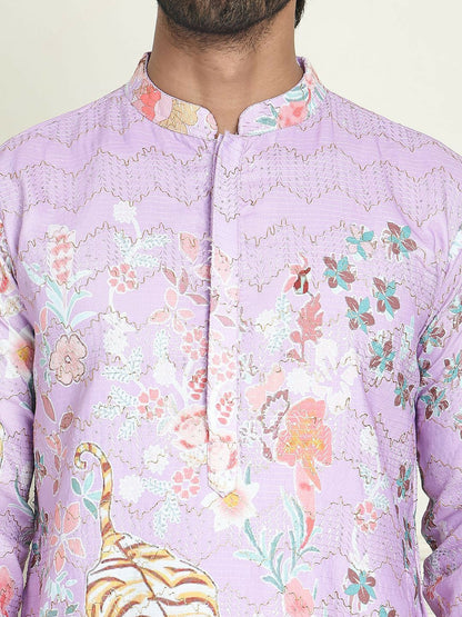 Men’s Purple Floral Kurta with White Trousers – Contemporary Festive Charm