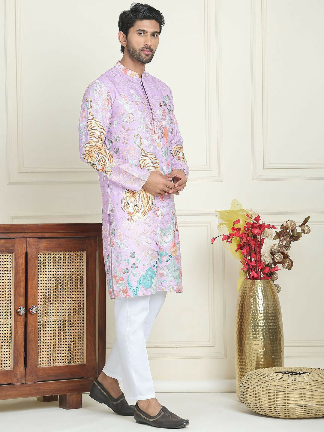 Men’s Purple Floral Kurta with White Trousers – Contemporary Festive Charm