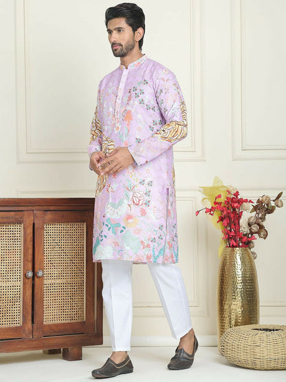 Men’s Purple Floral Kurta with White Trousers – Contemporary Festive Charm