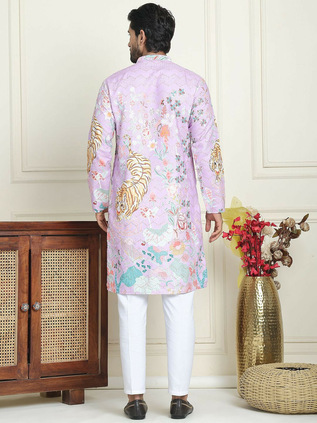 Men’s Purple Floral Kurta with White Trousers – Contemporary Festive Charm